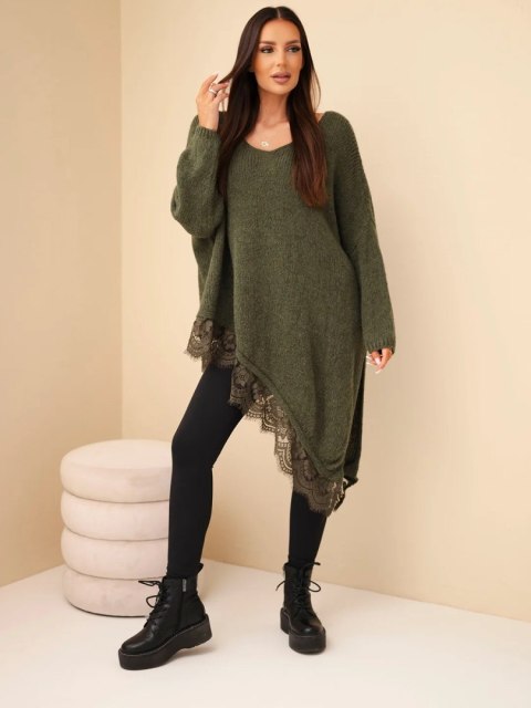 Sweter damski z dodatkiem wełny asymetryczny z koronką khaki