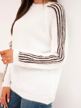 Sweter damski z dodatkiem wełny i moheru z paskami na rękawach ecru+brązowy