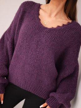 Sweter damski z dodatkiem wełny luźny fason ciemny fioletowy