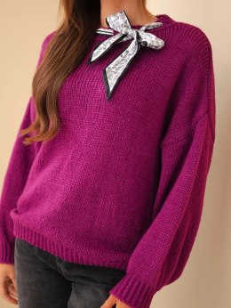 Sweter damski z ozdobnym detalem przy dekolcie ciemny fioletowy