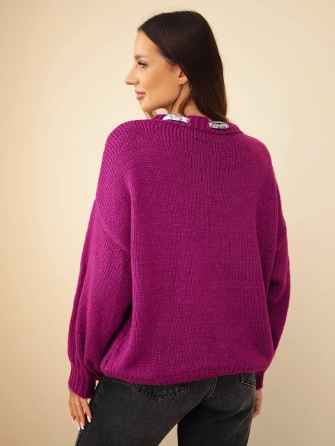 Sweter damski z ozdobnym detalem przy dekolcie ciemny fioletowy