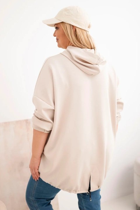 Bluza damska Plus Size masełko z kapturem i nadrukiem beżowa