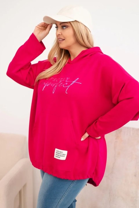 Bluza damska Plus Size masełko z kapturem i nadrukiem fuksja