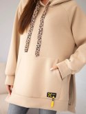 Bluza damska oversize z bawełny z kapturem i kieszenią beżowa