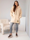 Bluza damska oversize z bawełny z kapturem i kieszenią beżowa