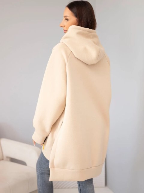 Bluza damska oversize z bawełny z kapturem i kieszenią beżowa