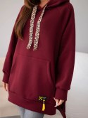 Bluza damska oversize z bawełny z kapturem i kieszenią bordowa