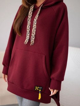 Bluza damska oversize z bawełny z kapturem i kieszenią bordowa