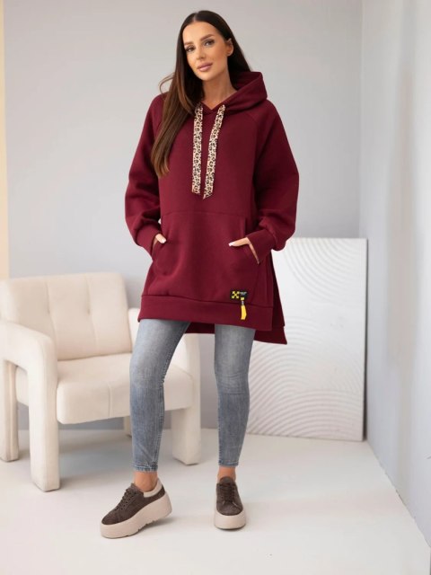 Bluza damska oversize z bawełny z kapturem i kieszenią bordowa