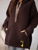 Bluza damska oversize z bawełny z kapturem i kieszenią brązowa