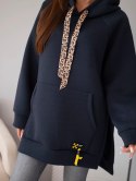 Bluza damska oversize z bawełny z kapturem i kieszenią granatowa