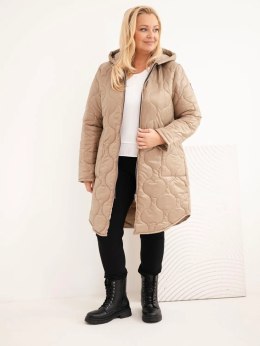 Kurtka damska Plus Size zimowa pikowana z kapturem jasno camelowa