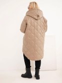 Kurtka damska zimowa Plus Size pikowana z kapturem jasno camelowa