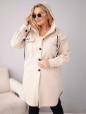 Płaszcz damski Plus Size z kapturem zapinany na guziki beżowy