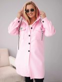 Płaszcz damski Plus Size z kapturem zapinany na guziki cukierkowy róż