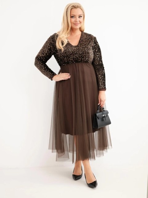 Sukienka damska Plus Size z cekinami z dodatkiem wiskozy brązowa