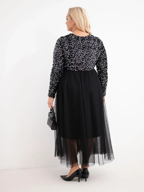 Sukienka damska Plus Size z cekinami z dodatkiem wiskozy czarna+srebrna