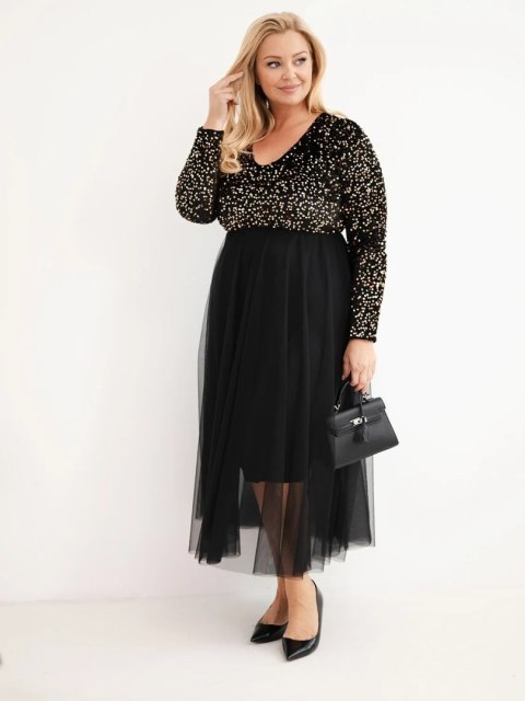 Sukienka damska Plus Size z cekinami z dodatkiem wiskozy czarna+złota