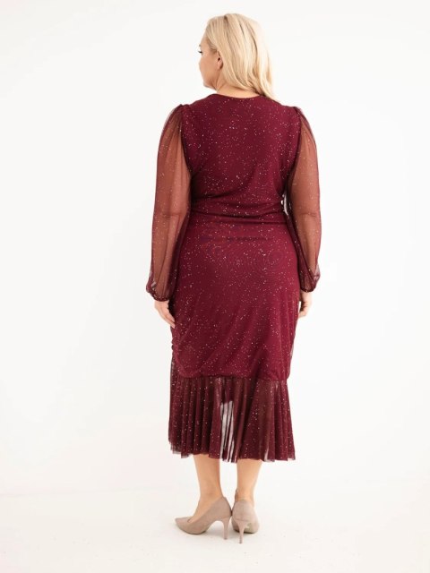 Sukienka damska Plus Size z dodatkiem wiskozy z marszczeniami bordowa
