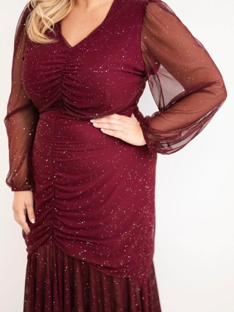 Sukienka damska Plus Size z dodatkiem wiskozy z marszczeniami bordowa