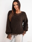Sweter damski luźny z dodatkiem wełny i koronkową bluzką brązowy
