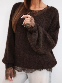 Sweter damski luźny z dodatkiem wełny i koronkową bluzką brązowy