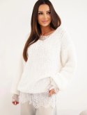 Sweter damski luźny z dodatkiem wełny i koronkową bluzką ecru