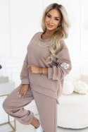 689-1 Komplet dresowy damski z bluzą oversize i spodniami z wiązaniem - cappuccino Numoco basic