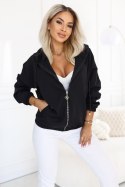 691-1 Rozpinana bluza damska z kapturem i ozdobnym zamkiem - czarna Numoco basic