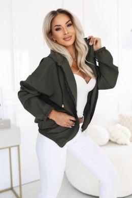 691-4 Rozpinana bluza damska z kapturem i ozdobnym zamkiem - khaki Numoco basic