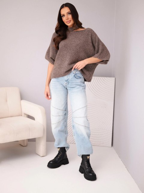 Sweter damski oversize z asymetrycznym dekoltem i półgolfem fango