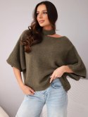 Sweter damski oversize z asymetrycznym dekoltem i półgolfem khaki