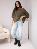 Sweter damski oversize z asymetrycznym dekoltem i półgolfem khaki