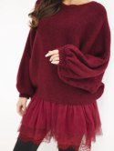 Sweter damski z sukienką z wiskozy i koronką bordowy