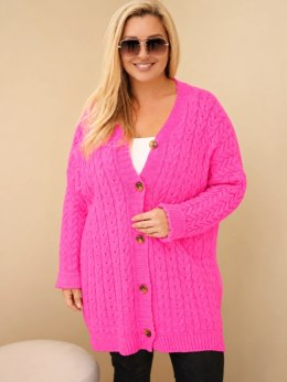 Kardigan damski Plus Size z guzikami i wzorem warkoczowym różowy neon