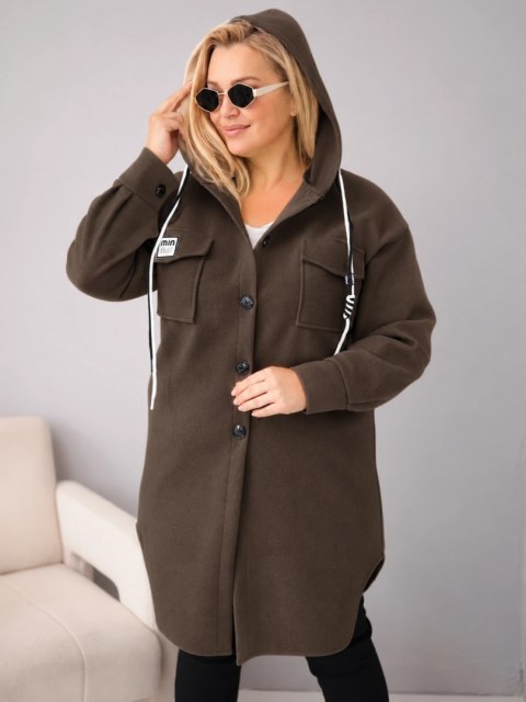 Płaszcz damski Plus Size z kapturem zapinany na guziki ciemny brązowy