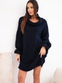 Sweter damski długi z dodatkiem wełny i golfem granatowy