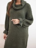 Sweter damski długi z dodatkiem wełny i golfem khaki