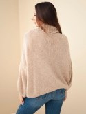 Sweter damski luźny z dodatkiem wełny z golfem camelowy