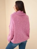 Sweter damski luźny z dodatkiem wełny z golfem ciemnoróżowy
