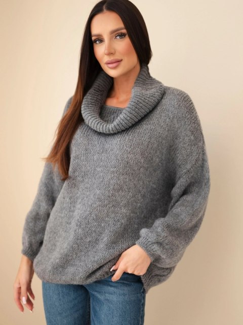 Sweter damski luźny z dodatkiem wełny z golfem szary