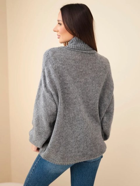 Sweter damski luźny z dodatkiem wełny z golfem szary