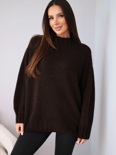 Sweter damski luźny z dodatkiem wełny z półgolfem brązowy