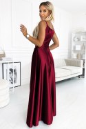 299-13 CHIARA elegancka maxi długa satynowa suknia na ramiączkach - BORDOWA Numoco
