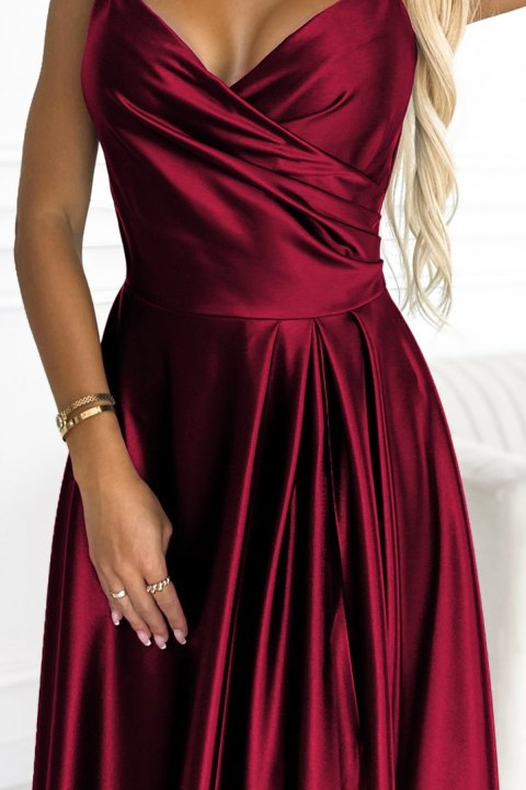 299-13 CHIARA elegancka maxi długa satynowa suknia na ramiączkach - BORDOWA Numoco