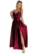 299-13 CHIARA elegancka maxi długa satynowa suknia na ramiączkach - BORDOWA Numoco