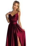 299-13 CHIARA elegancka maxi długa satynowa suknia na ramiączkach - BORDOWA Numoco