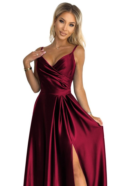 299-13 CHIARA elegancka maxi długa satynowa suknia na ramiączkach - BORDOWA Numoco