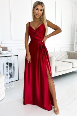 299-14 CHIARA elegancka maxi długa satynowa suknia na ramiączkach - CZERWONA Numoco
