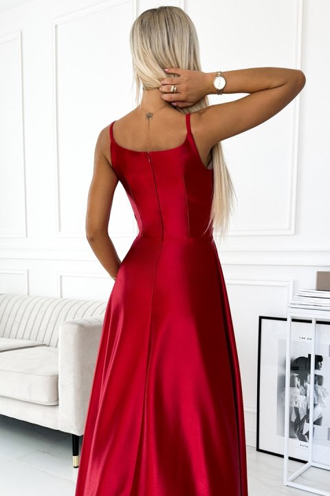 299-14 CHIARA elegancka maxi długa satynowa suknia na ramiączkach - CZERWONA Numoco
